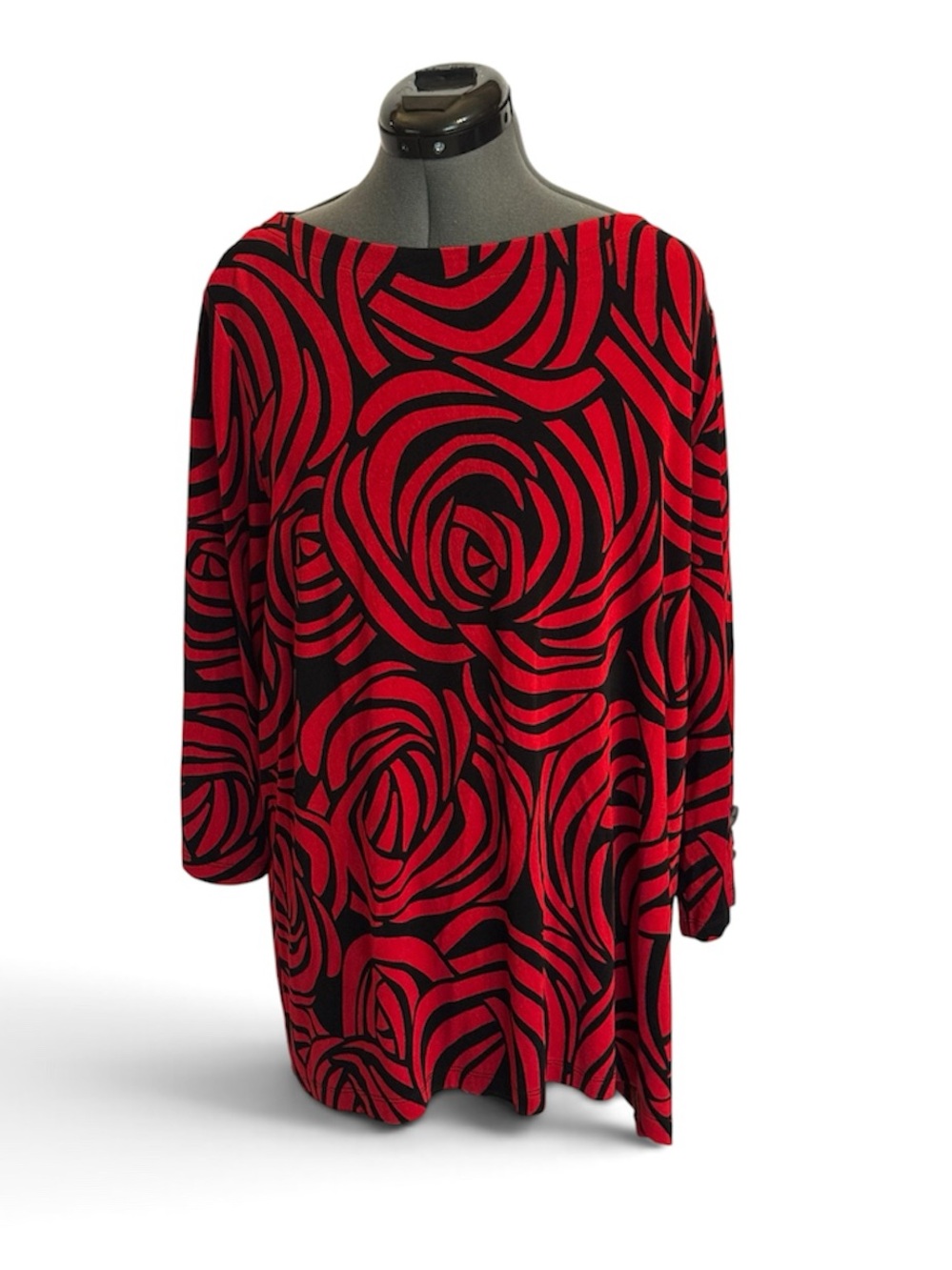 Chico’s Travelers Red & Black Graphic Rose Print Tunic Sz4 XXL (20-22)